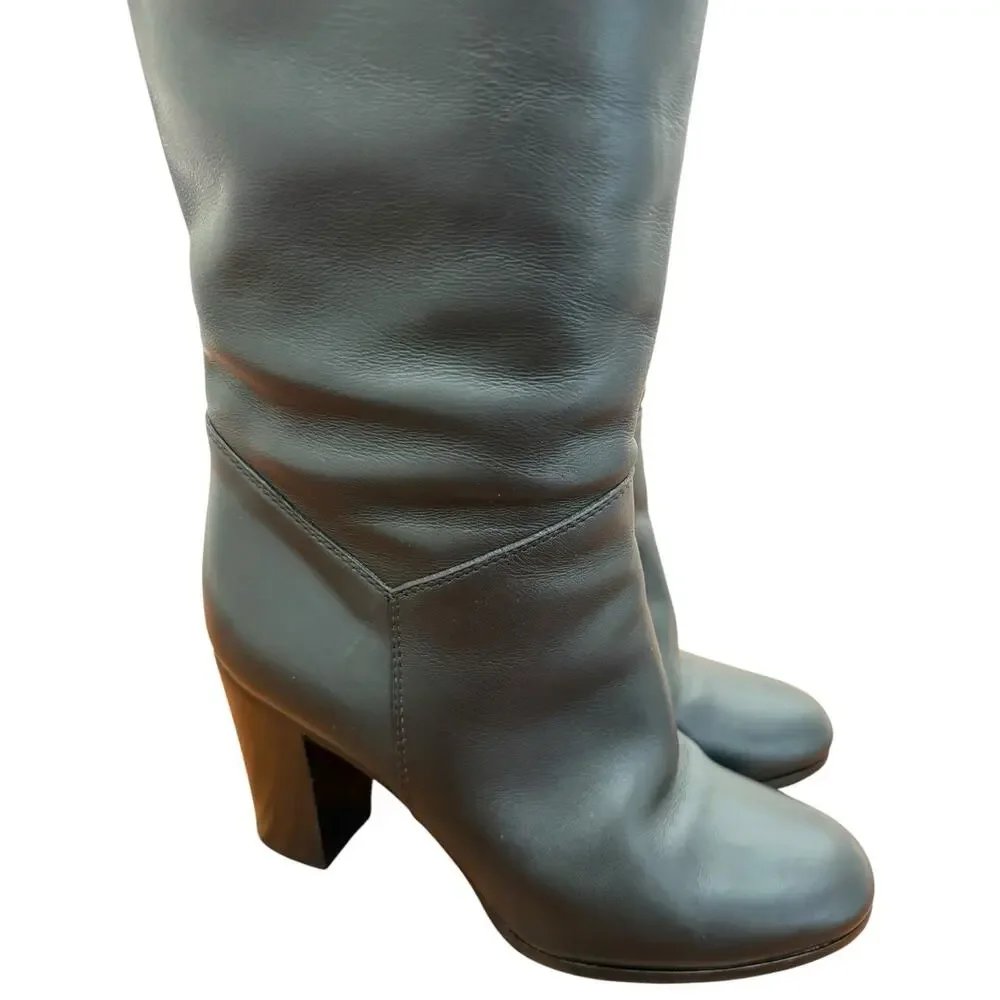 CHANEL Tall Black Leather Knee High Boots Size 38 CC Logo Block Heel